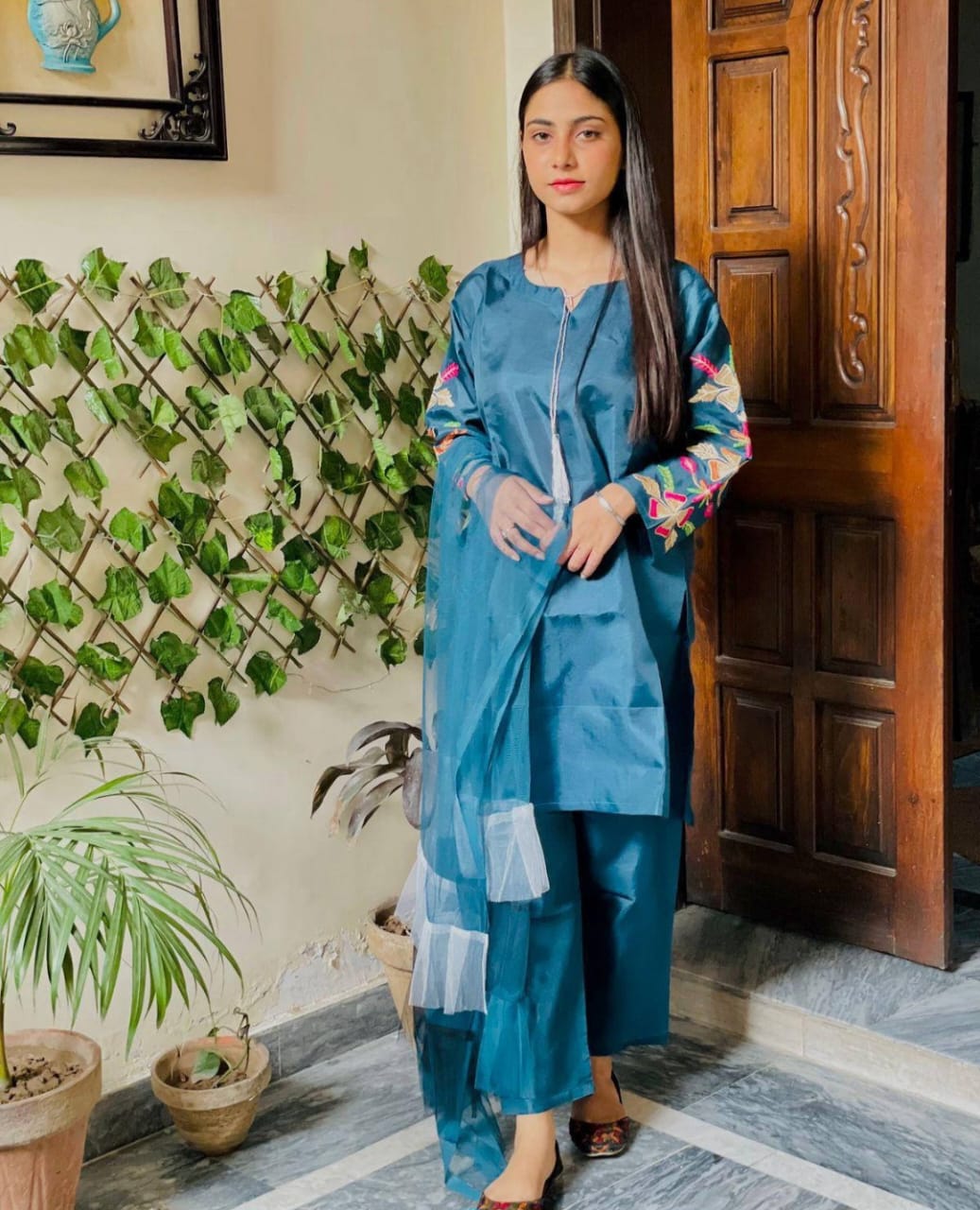 Peacock sleeves embroidery And net dupatta 3p